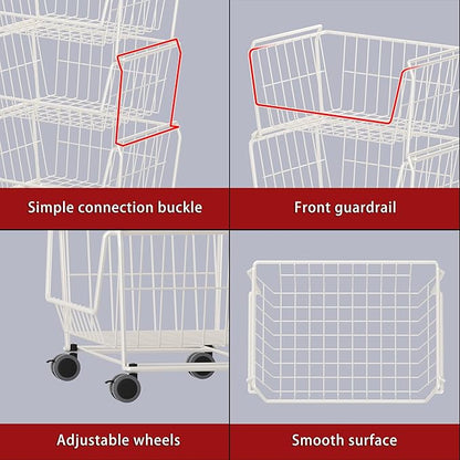 PUSDON Stackable Metal Storage Carts, Dual Use Shelf for Kitchen Fruit Vegetable Baskets with Wheels, Storage Rack for Living Room, Home & Office, Plus White 4 Tiers