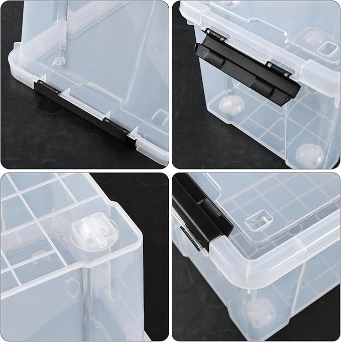 23 L Clear Plastic Storage Box with Lid, Stackable Lidded Storage Bin Container with Wheels and Secure Latching Buckles, 4 Packs