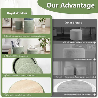 Boucle Round Ottoman with Storage Set of 2,Small Foot Stool Ottoman for Living Room,Small Coffee Table, Vanity Stool with Storage for Bedroom, Green