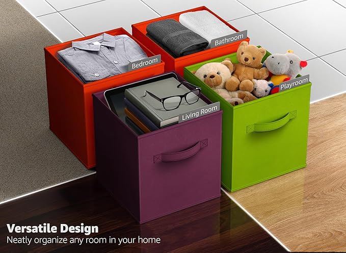 Sorbus Storage Cubes - 11" Foldable Storage Bins with Handle for Nursery, Playroom, Closet Organizers and Storage - 6 Fabric Shelf Basket for Toys, Books, Clothes - Purple Green & Orange Storage Bin