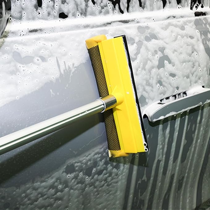 11.6" Window Squeegee with Scrubber, 2-in-1 Car Glass Cleaning Kit with Sponge and Rubber Blade Squeegee Cleaner for Window, Glass, Car Windshield– Fits Standard Extension Pole (Pole Sold Separately)
