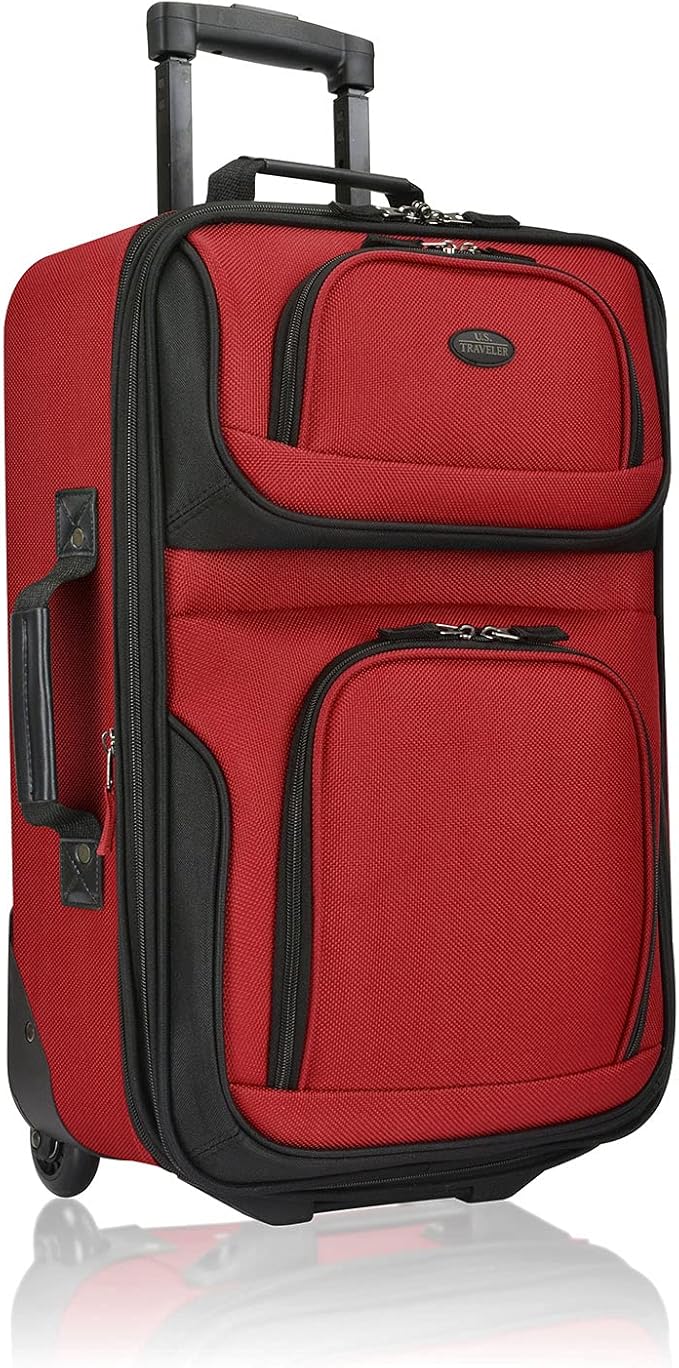 U.S. Traveler Lightweight Rolling 20" Carry On Luggage Softside Suitcase, Red, 2 Wheel Single