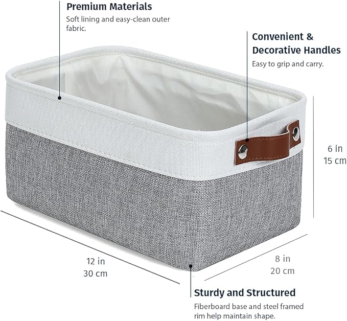 OrganiHaus Small Fabric Storage Bins for Shelves 6 Pack, 12x8in Closet Storage Bins for Shelves, Cloth Baskets for Organizing, Linen Closet Organizers, Fabric Basket, Gray/White