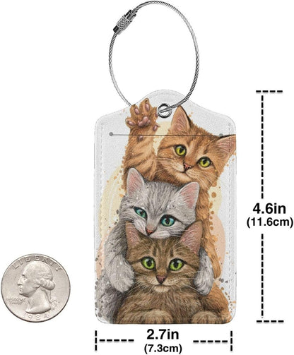 2 Pack Luggage Tags for suitcases Cute Funny cat Luggage Tag, Leather Stainless Steel Loop Label Tag for Men Women Travel Bag Suitcase（2 cat）