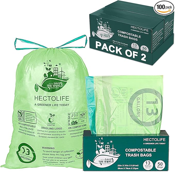 13 Gallon,100 Count, Compostable Trash Bags with Drawstring,Tear Resistant Kitchen Food Scrap Waste Bag, ASTM D6400, US BPI and Europe OK Compost Home Certified