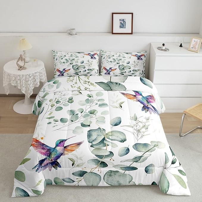 Erosebridal Cartoon Hummingbird Bedding Toddler Size Wildlife Bird Comforter Set, Plant Duvet Insert Eucalyptus Leaf Quilt Comforter, Jungle Animal Theme Bedding Comforters & Sets Kids Room Decor