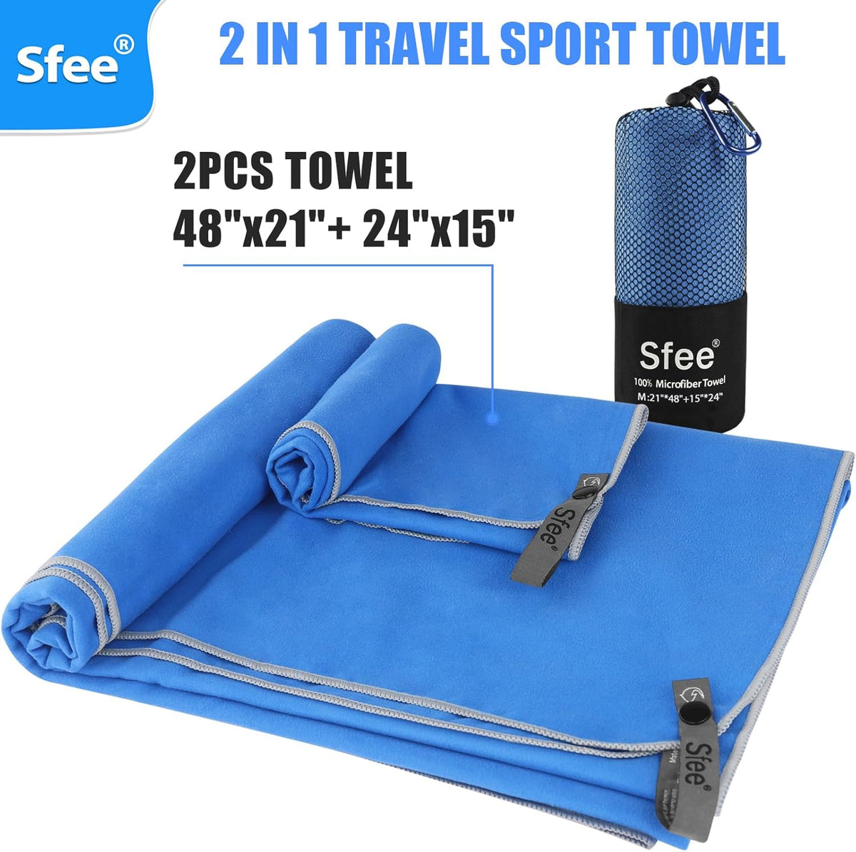 Sfee 2 Pack Microfiber Travel Towel, Quick Dry Camping Towel Super Absorbent Compact Lightweight Sports Towel Swim Gym Towels Set for Gym, Hiking, Pool, Backpacking, Bath, Yoga