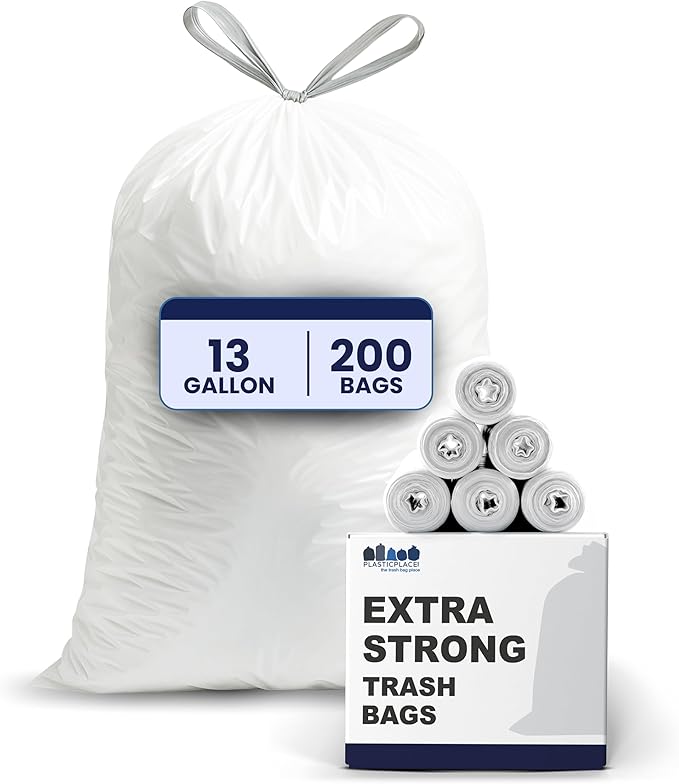 Plasticplace 13 Gallon Trash Bags â”‚ 1.2 Mil â”‚ White Drawstring Garbage Can Liners â”‚ 24" x 31", 200 Count (Pack of 1)