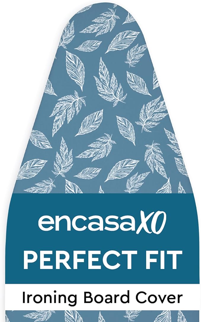 Encasa XO Ironing Board Cover and Pad 42"x14" - Thick 3mm Felt Padding, Drawstring Tightening & Lock, Easy Fit, Scorch & Stain Resistant, Fits Medium Ironing Board - Big Leaves Blue