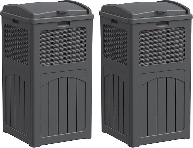 Greesum 33 Gallon Outdoor Trash Can with Lid (2-Pack), Heavy Duty Resin Garbage Bin, Waterproof & UV Resistant for Patio, Garden, Deck, Yard, Gray