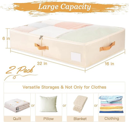 Criusia Under Bed Storage Bins with Clear PVC Lids – 2 Pack Large Underbed Organizers with Heavy-Duty Handles, Reinforced with 800G PP Panels & 80G Non-Woven Fabric – Waterproof & Foldable, Beige