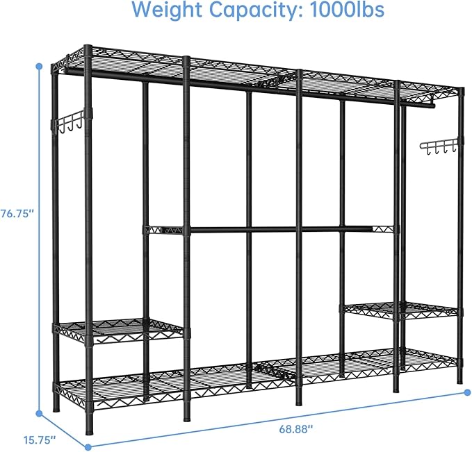 Extra Large Garment Rack Heavy Duty Metal Clothes Rack for Hanging Clothes,Multi-Functional Closet Organizer System Bedroom Clothing Rack Freestanding Closet Portable Wardrobe,MaxLoad 1000lbs