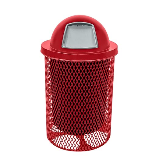 COATEDOUTDOORFURNITURE RDT-TXTRED Heavy Duty 32 Gallon Round Trash Receptacle, Liner Included, Textured Red with Textured Red Steel Dome Top, Made in America