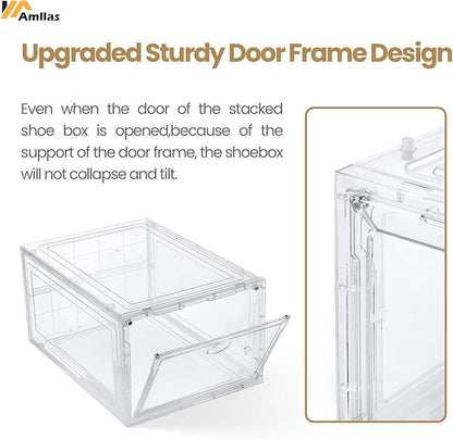 12 Pack Clear Shoe Boxes Stackable,Shoe Storage Boxes for Closet,Sturdy Shoe Box Storage Containers with Clear Door,Sneaker Storage,Easy to Assemble,Fit up to US Size 12(13.8”x 9.84”x 7.1”)