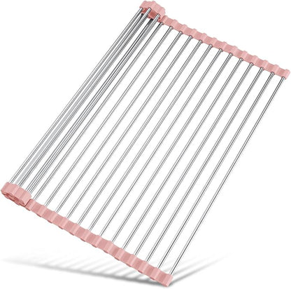 Tomorotec 17.7" x 15.5" Roll Up Dish Drying Rack Over Sink Drying Rack Sink Cover Kitchen Sink Accessories Gadget Multipurpose Organizer Foldable Stainless Steel Drainer