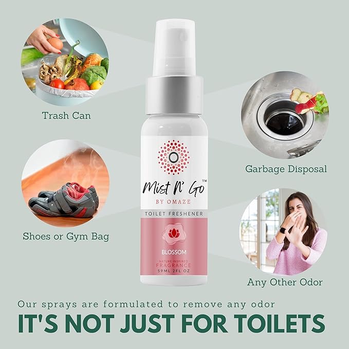Mist N’ Go by Omaze Travel Bathroom Spray for Toilet Spray Odor Eliminator - Travel Toilet Spray for Bathroom Air Freshener Spray for Bathroom Deodorizer - Blossom Regular Size (2oz x5)