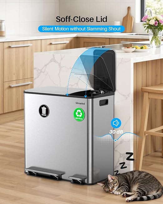 Dual Trash and Recycling Bins for Kitchen, 13.2 + 5.2 Gal (50+20L) Stainless Steel Trash and Recycle Bin Combo with Soft-Close Lid, Large Garbage Cans for Kitchen Home with 2 Magnets Sticker, Silver