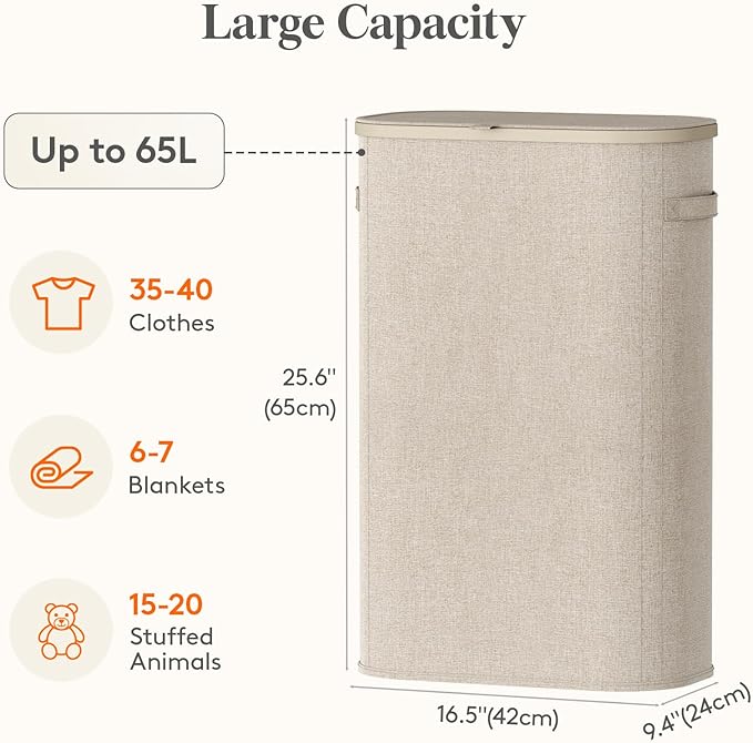 Lifewit 65L Slim Laundry Basket with Lid, Narrow Large Laundry Hamper with Plastic Handles and Removable Bag, Tall Foldable Dirty Clothes Hampers for Laundry Room, Bedroom, Bathroom, Dorm, Beige