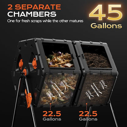 Compost Bin Outdoor 45 Gallon/170L, Fast Assemble Compost Tumbler, 360°Rotating Dual Chamber Large Composter for Outside, Garden, Backyard, and Yard