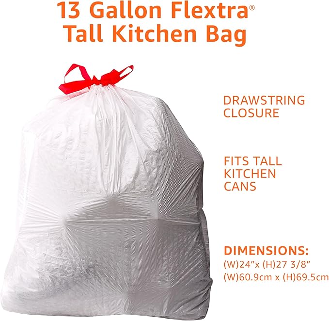 Amazon Basics 13 Gallon Flextra Strength Tall Kitchen Drawstring Trash Bags, Tear Resistant, Clean Fresh Scent, 10% Recycled Content, 50 Count