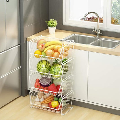 PUSDON Stackable Metal Storage Carts, Dual Use Shelf for Kitchen Fruit Vegetable Baskets with Wheels, Storage Rack for Living Room, Home & Office, Plus White 4 Tiers