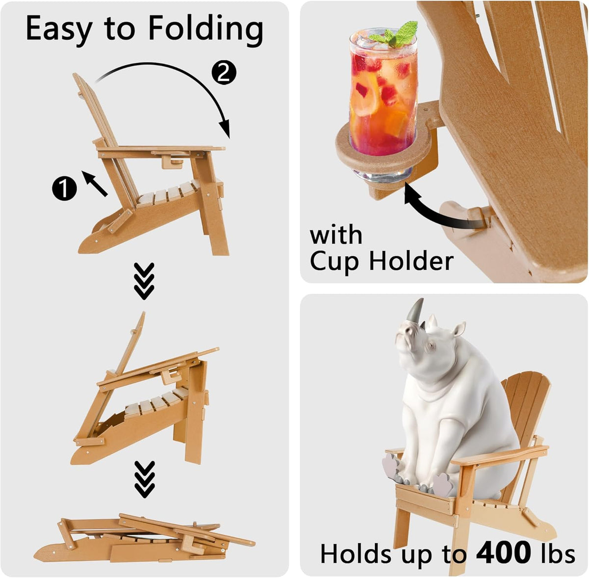 Folding Adirondack Chair - Extended Ergonomic Backrest, Cup Holder - Easy Assembly - Durable HDPE Plastic, Weather Resistant & Maintenance-Free - Lawn, Patio, Deck Supports 380lbs Teak