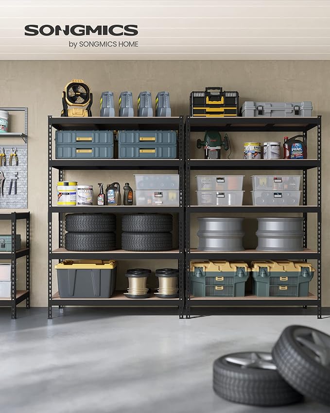 SONGMICS 5-Tier Storage Shelves, Load 2310 lb, Set of 2 Garage Storage, Boltless Assembly, Adjustable Shelving Unit, 23.6 x 47.2 x 70.9 Inches, for Study Shed Basement, Black UGLR600B02