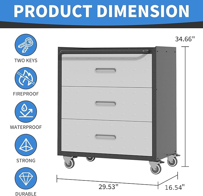 Metal Storage Cabinet with Wheels, Rolling Tool Cabinet, Garage Storage Cabinet with 3 Drawer for Tools, Assembly Required (Black/Grey)