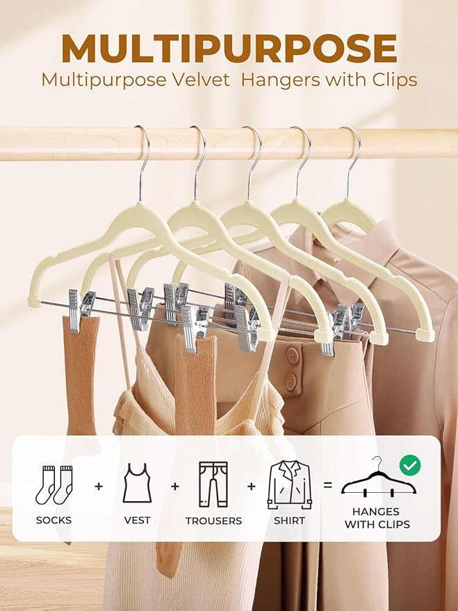 HOUSE DAY Velvet Skirt Hangers 12 Pack, Beige Velvet Pant Hangers with Adjustable Clips, Space Saving Slim Shorts Hanger, Heavy Duty Non Slip Clip Hanger for Pants, Skirts, Shorts
