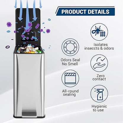 15 L Kitchen Step Trash Can, 4 Gallon Narrow Stainless Steel Waste Bin with Soft-Close Lid, Rectangle Rubbish Bin with Removable Inner Bucket for Bathroom, Dining Room, Living Room