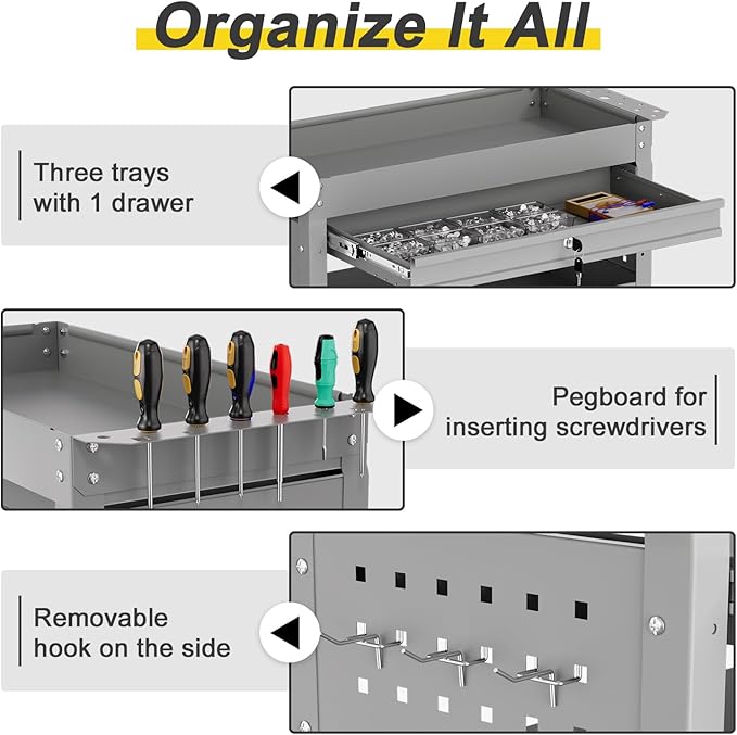 3-Tier Rolling Tool Cart with Drawers, Heavy Duty Utility Storage Cart with pegboard, Lockable Metal Tool Chest on Wheels for Garage, Warehouse & Repair Shop