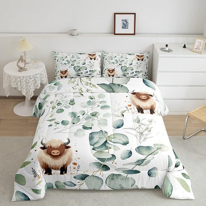 Erosebridal Boys Cartoon Animal Bedding Twin for Kids Toddler Kawaii Cow Comforter Set, Highland Cattle Bull Duvet Insert Western Cowboy Quilt Comforter, Green Eucalyptus Bedding Comforters & Sets