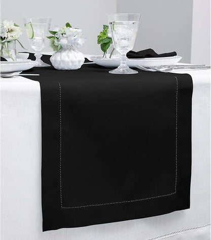 Solino Home Linen Black Table Runner 120 Inches Long - 100% Pure Linen 14 x 120 Inch Table Runner for Holiday, Christmas, New Year - Classic Hemstitch