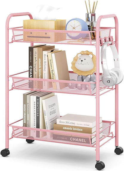 TOOLF 3 Tier Rolling Utility Cart - Durable Metal Design Pink Utility Cart, Storage Trolley on Wheels with 3 Hooks, Perfect for Kitchen, Bathroom & Laundry Room Organization
