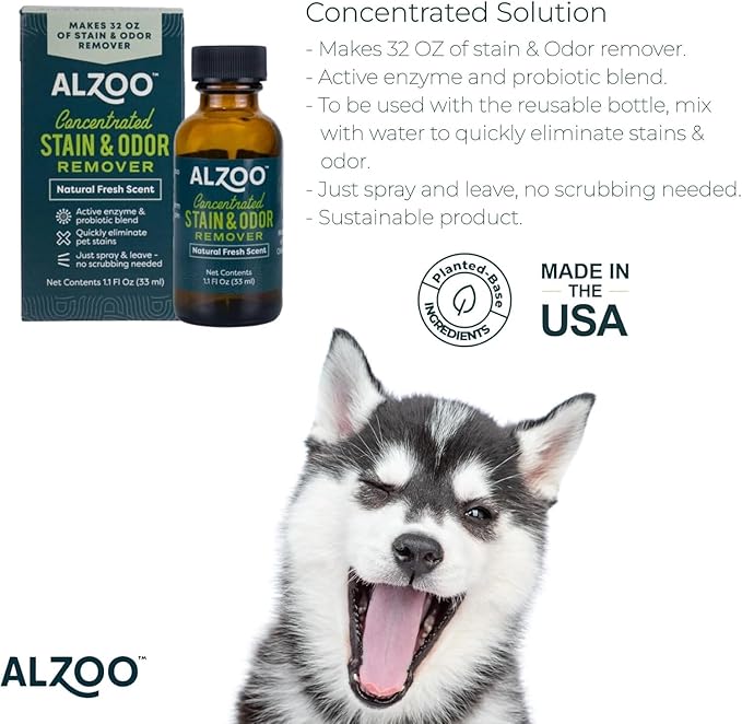 ALZOO Concentrated Stain & Odor Remover Refill Bottle, 100% Plant-Based Active Ingredients, 1.1 Fl. Oz, Pack of 3