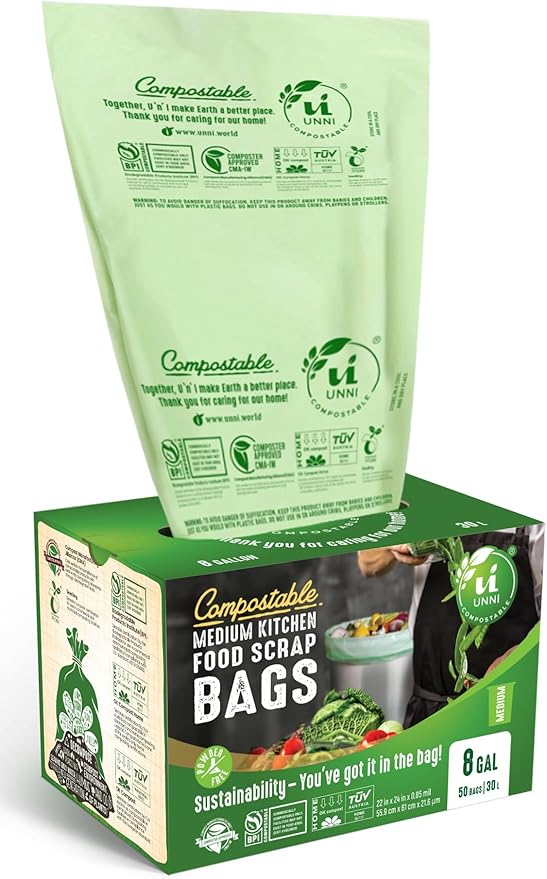UNNI Compostable Trash Bags, 8 Gallon / 30 Liter, 200 Count Value Pack, Extra Thick 0.85 mil Medium Kitchen Food Scrap Bin Liners, BPI, CMA & OK compost HOME Certified (Meets ASTM D6400)