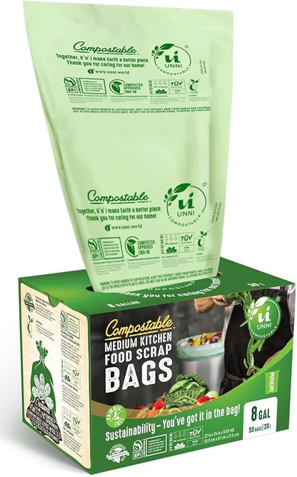 UNNI Compostable Trash Bags, 8 Gallon / 30 Liter, 400 Count Value Pack, Extra Thick 0.85 mil Medium Kitchen Food Scrap Bin Liners, BPI, CMA & OK compost HOME Certified, Meets ASTM D6400