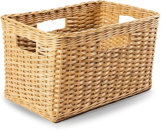 The Basket Lady Tall Rectangular Wicker Storage Basket, Medium, 20 in L x 13 in W x 11 in H, Sandstone