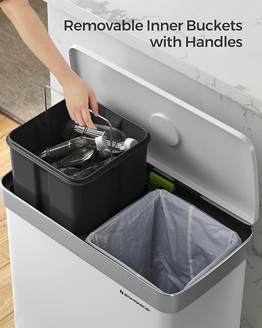 SONGMICS Kitchen Trash Can, 16 Gallon (2 x 8 Gallon) Dual Compartment Garbage Can, 60L Pedal Recycling Bin, Stays Open and Soft Close, Stainless Steel, 15 Bags Included, Cloud White ULTB202W01