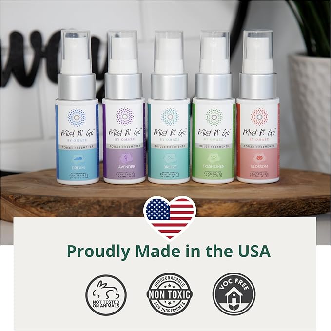 Mist N’ Go by Omaze Travel Bathroom Spray for Toilet Spray Odor Eliminator - Travel Toilet Spray for Bathroom Air Freshener Spray for Bathroom Deodorizer - Mix All, Travel Size (1oz x5)