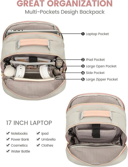 LOVEVOOK Laptop Backpack for Women, Travel Computer Work Bags with 17-inch Laptop Compartment, College School Student Bag Teen Backpacks For Girls, Outdoor Carry On Backpack Purse, Grey Pink