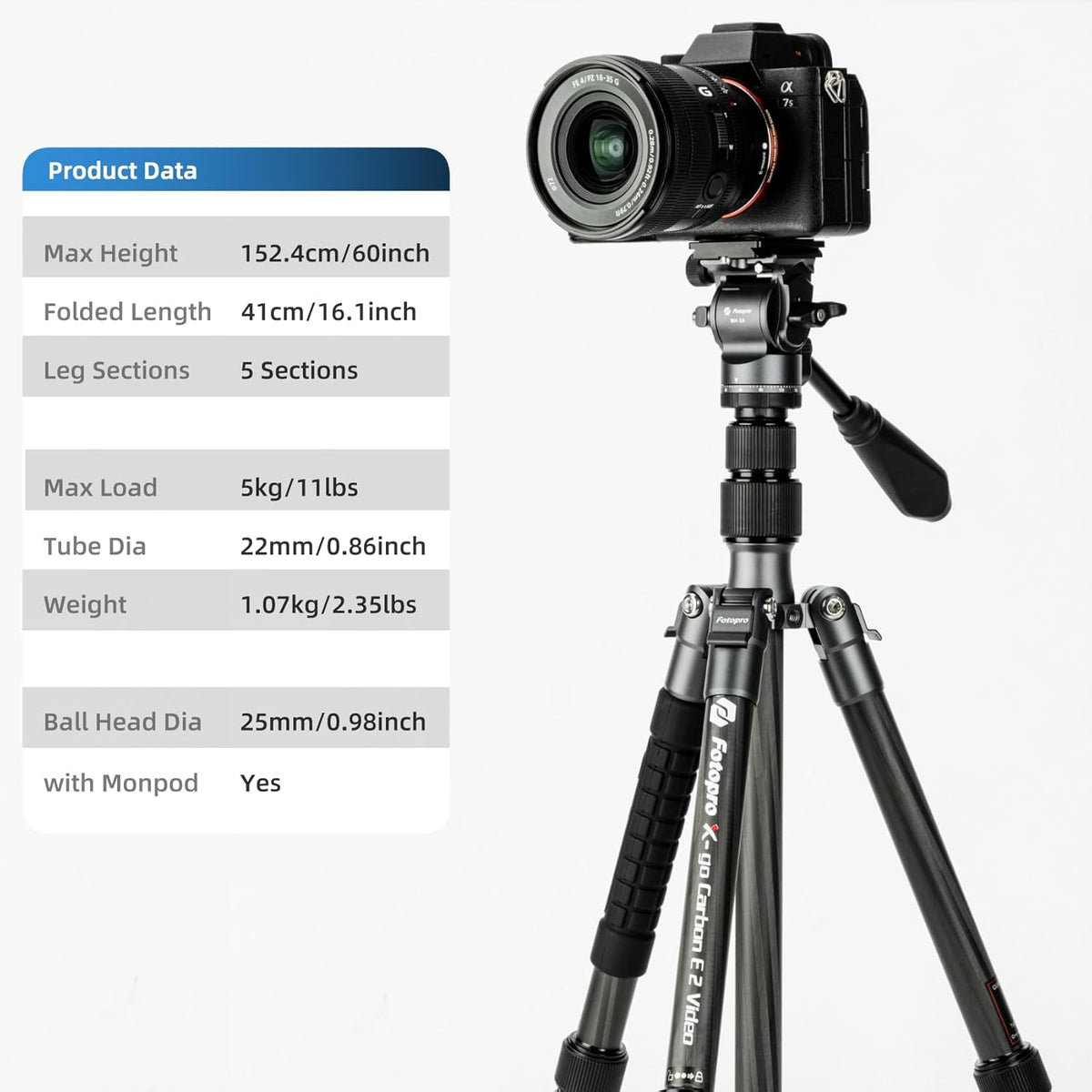 Fotopro 59" Carbon Fiber Travel Tripod, Compact Video Tripods with Fluid Head, Detachable Monopod with Quick Release Plate and Bag, Camera Tripod Load up to 8KG/17.63lbs