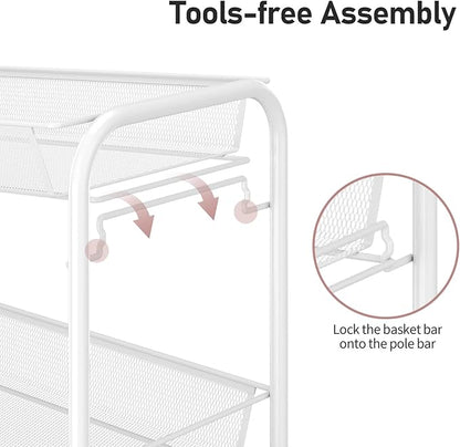 TOOLF 3-Tier Metal Rolling Cart, Mesh Wire Easy Assemble Utility Cart, Storage Trolley on Wheels with 3 Hooks, MetalStorage Shelving Units for Kitchen Bathroom Laundry Room