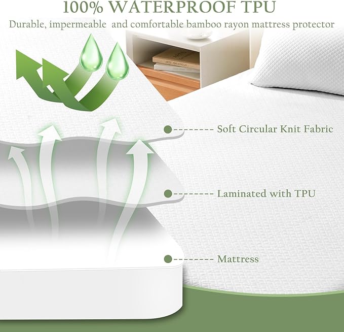 100% Waterproof Queen Mattress Protector, Breathable Bamboo Rayon Mattress Cover with 8”-21” Deep Pocket, Noiseless Cool 3D Air Mattress Cover, Hypoallergenic & Odor Resistant