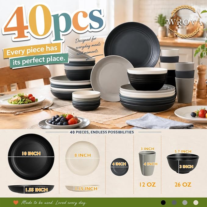 Kitchen Plates and Bowls Sets 40PCS, Wheat Straw Dinnerware Sets