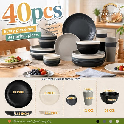 Kitchen Plates and Bowls Sets 40PCS, Wheat Straw Dinnerware Sets