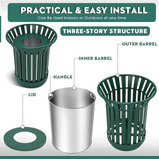 25.2IN Round Large Outdoor Trash Can, Heavy Duty Metal Slatted Garbage Can Outdoor, All Weather Resistant Commercial Garbage Cans, Waste Receptacle in Park, Beach, Patio, Green