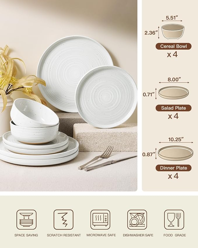 Stoneware Dinnerware Sets for 4, Plates and Bowls, Chip & Scratch Resistant