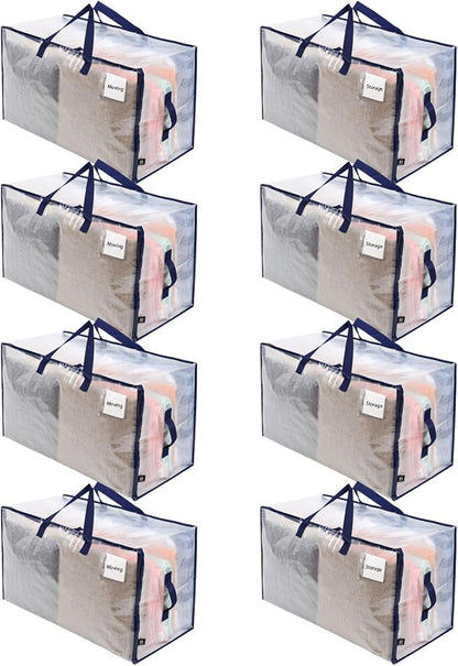 VENO 8 Pack Moving and Storage Bags, Heavy Duty, Alternative to Moving Boxes, Large Packing Totes Supplies for College Dorm Room with Zipper for Clothes, Wide Open Design (Clear, 8 Pack)