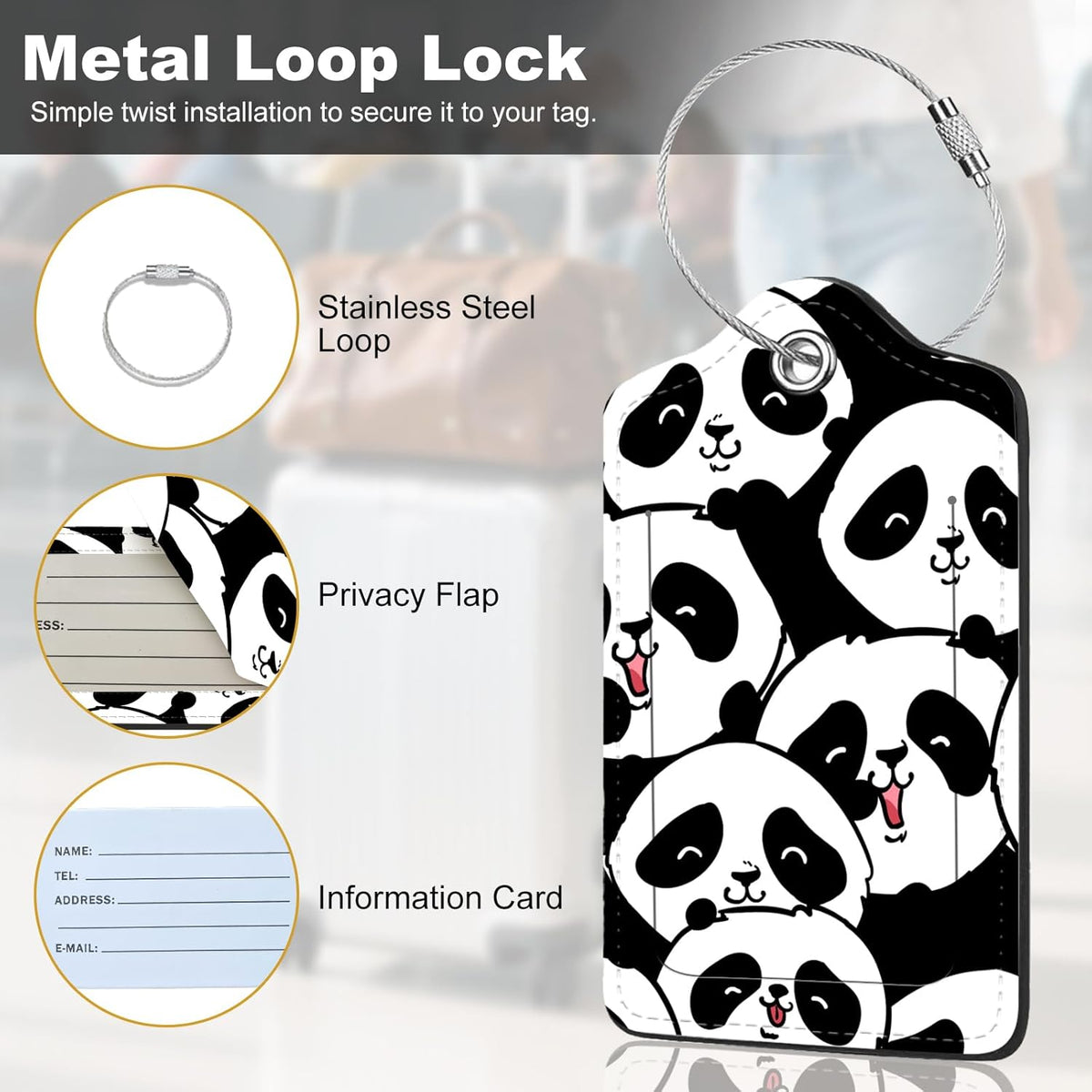 2Pack Luggage Tags for Suitcases, Cute Unique Pu Leather Cruise Luggage Tag with Privacy Cover ID Label Address Card and Metal Ring Suitable for Women Men Kids Travel Bag Silly Cat Face